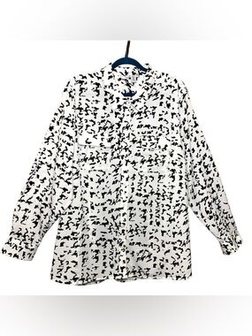 Dalia Collection Black White Button-Up Blouse Sz 3X Abstract Print Long Sleeves
